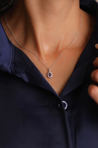 Kiriş Gümüş 925 Ayar Gümüş Mor Taşlı Damla Modeli Kadın Kolye (40+5CM)