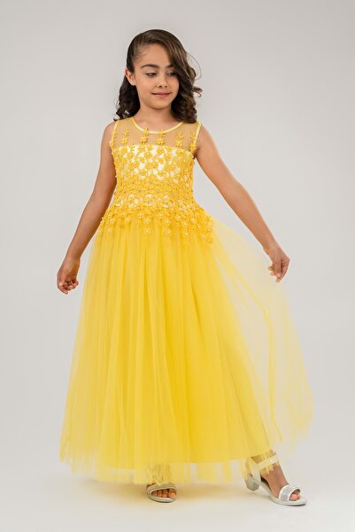 Mnk Baby&Kids Νυφικό Μοντέλο Γκιπούρ Παιδικό Αμάνικο Φόρεμα MNK0469 ΚΙΤΡΙΝΟ