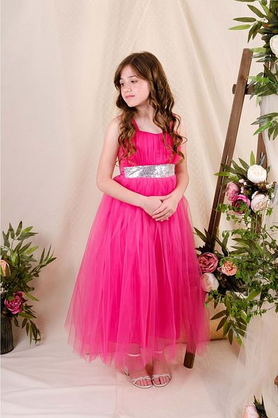Mnk Girl's Satin Evening Dress with Back and Tulle Mnk0340 Fuchsia
