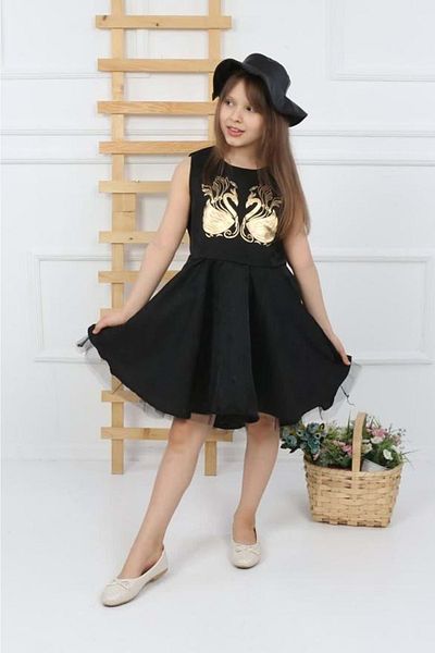 Mnk Miss Swan Foil Pattern Winged Girl's Dress with Hat Black