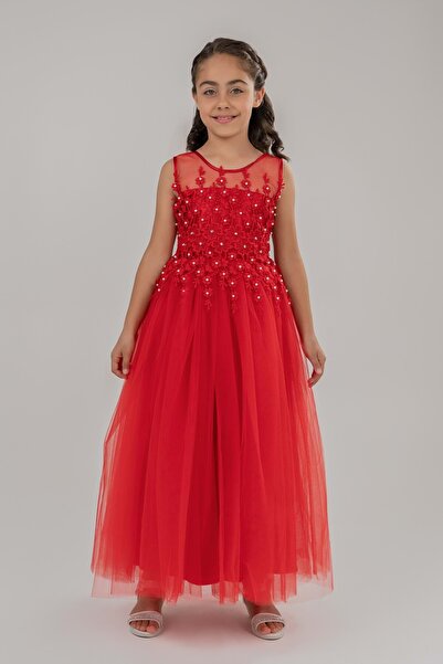 Mnk Baby&Kids Νυφικό Μοντέλο Γκιπούρ Παιδικό Αμάνικο Φόρεμα MNK0469 ΚΟΚΚΙΝΟ