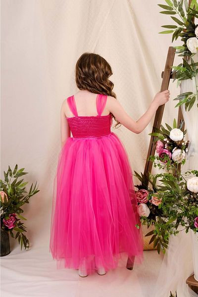 Mnk Girl's Satin Evening Dress with Back and Tulle Mnk0340 Fuchsia
