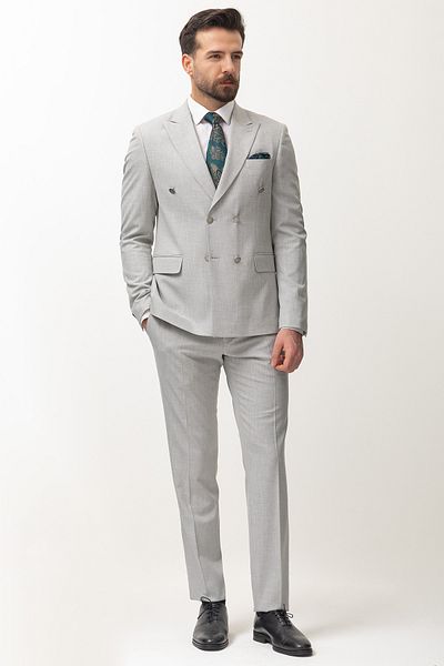 Mcr Duz Slim Fit Swallow Collar Double Breasted Men's Suit Light Gray - 40841.22Y
