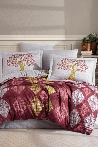 Hobby Claret Red Ruth Cotton Satin Double Duvet Cover Set