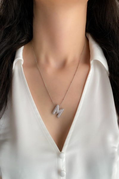 DEMOKAN Kadın Çelik Kolye Zirkon Taş Balon Harf Kolye