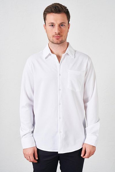 TENA Cămașă albă pentru bărbați, cu mânecă lungă, cu un singur buzunar, din material Lacoste