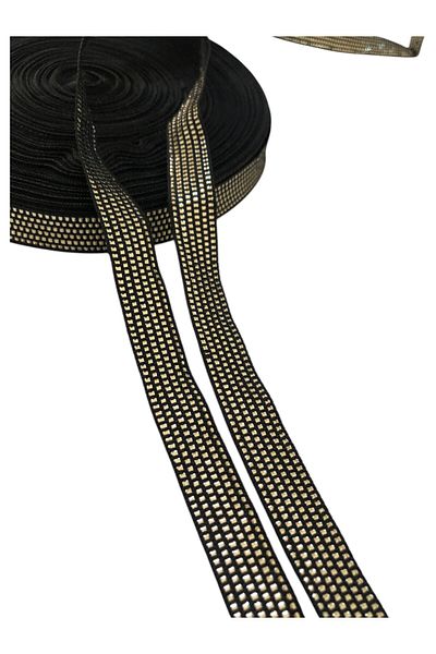 KumaşEvi 1.5 cm Lattice Pattern Gold and Black Webbing Stripe - Fashion Bag Accessory, Home Decor Crafts