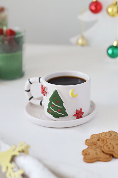 ada mia seramik Handmade Ceramic Mug with Christmas Pine Tree Figure 170ml