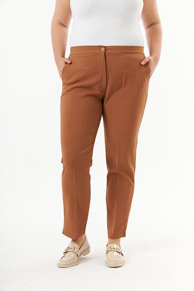 RMG Camel Large Size Fabric Trousers - Elastic Waist and Slit Detail