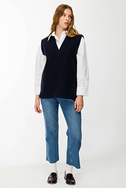 Hooopstore V-Neck Stamped Navy Blue Sweater