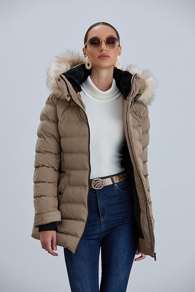 PIQUE Women's Faux Fur Detachable Hooded Puffer Coat Yasmin Ecru