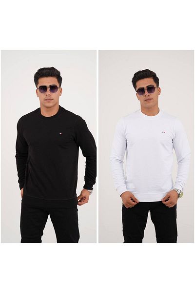 Est Estola Men's Basic Crew Neck Relaxed 2 Thread Sweatshirt 2-Piece Set Black White