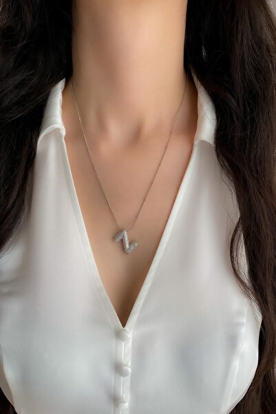 DEMOKAN Kadın Çelik Kolye Zirkon Taş Balon Harf Kolye