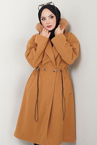 hafsamina Tan Stamp Coat - Hooded and Drawstring Waist Hm2604