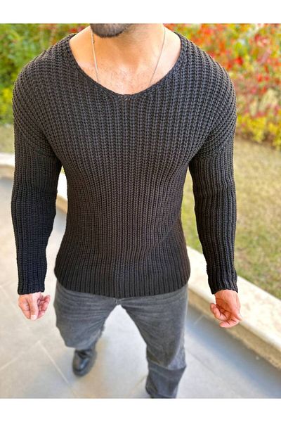 elkumoda Пуловер Oversize Triowear Свободна кройка V-образно деколте Свободен памучен пуловер