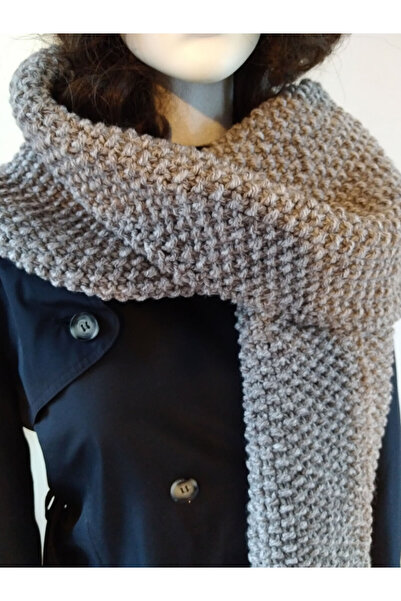 BzDenAl Unisex Sütlü Kahverengi El Örgüsü Yün Atkı