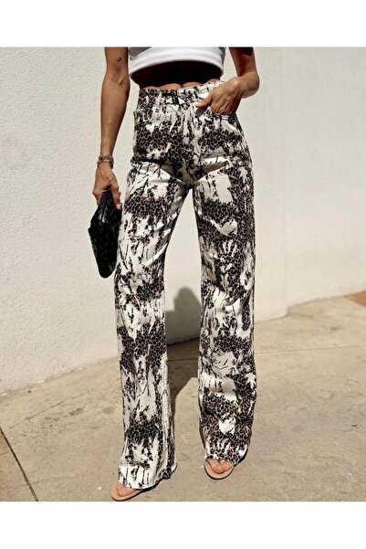 Maldia Shop Kadın Leopar Desen Yüksek Bel Beyaz Pantolon