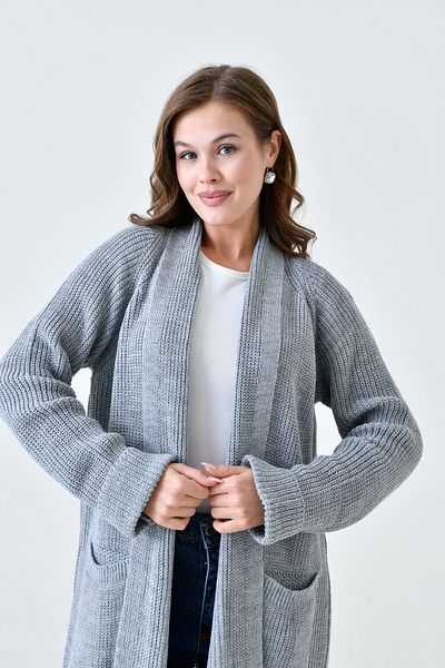 barış sülün lovebox Women's Knitwear Fabric Double Pocket Design Shawl Collar Long Gray Cardigan 5001