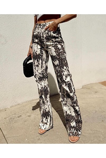 Maldia Shop Kadın Leopar Desen Yüksek Bel Beyaz Pantolon