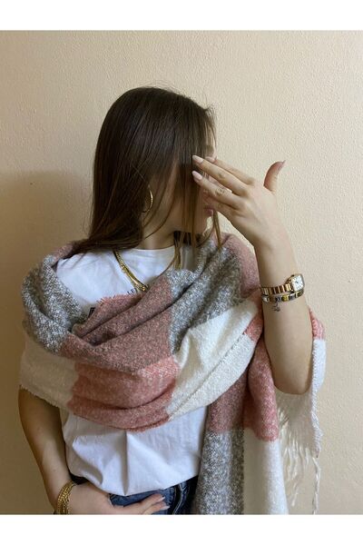 sema aksesuar Γυναικείο χειμωνιάτικο ροζ αποξηραμένο τριαντάφυλλο κρεμ καρό κασκόλ - Δώρο για την Ημέρα του Δασκάλου