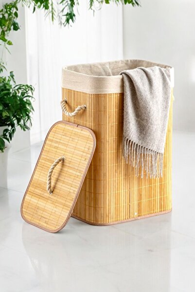 Akkoyunlu home Καλάθι ρούχων από ψάθα μπαμπού Τετράγωνο καλάθι βρώμικων ρούχω...