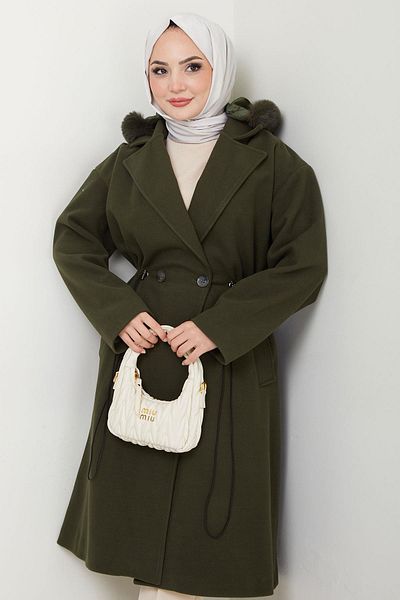 hafsamina Παλτό Khaki Stamp - Κουκούλα και κορδόνι στη μέση HM2604