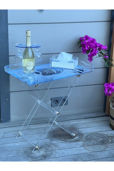 Queen Bee İstanbul Marin Desenli Akrilik Pleksi Katlanır Ayaklı Portatif Teps...