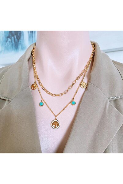 DEMOKAN Kadın Çelik Kolye Yaşam Ağacı Turkuaz Taş Kolye