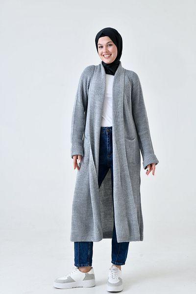 vuvutasarım Knitwear Women's Cardigan - Double Pocket, Shawl Collar, Long Gray Hijab Clothing 5001