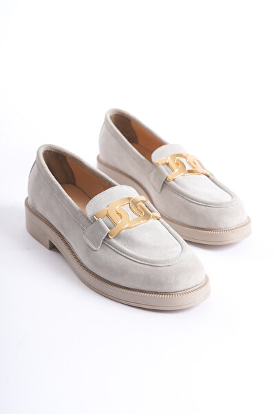 Deassa Hakiki Süet Deri Krem Tokalı Lofer Kadın Ayakkabısı