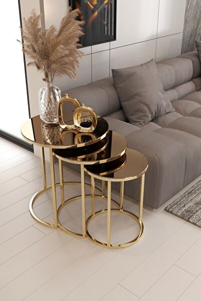 Nies Aksesuar Armoni 3'lü Zigon Sehpa Gold Ayak Bronz Aynalı B&b