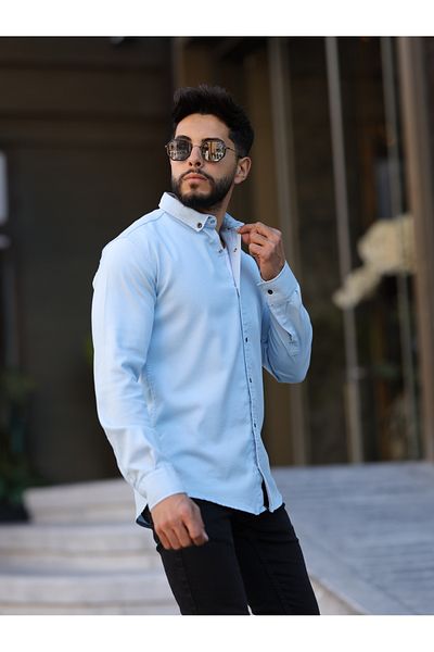 WKM Slim Fit Light Blue Oxford Button-Down Collar Easy-Ironing Embroidery Detailed Cotton Men's Shirt