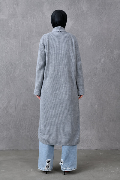 4S1B FASHION Gray Knitwear Fabric Double Pocket Shawl Collar Long Hijab Clothing Cardigan 5001