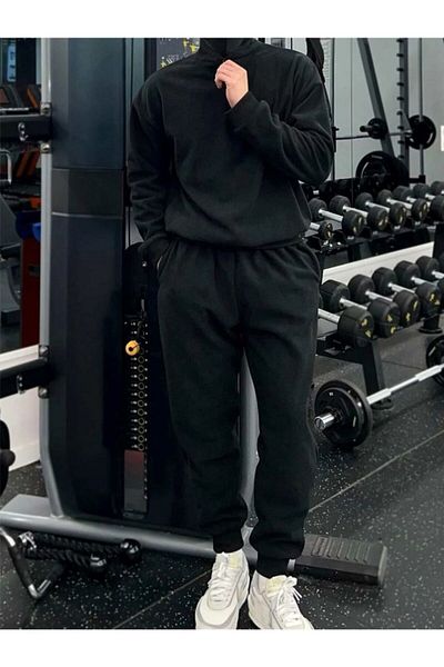 NewCabin Black Cotton Sweatshirt and Sweatpants Set - Half Zipper, Set of 2