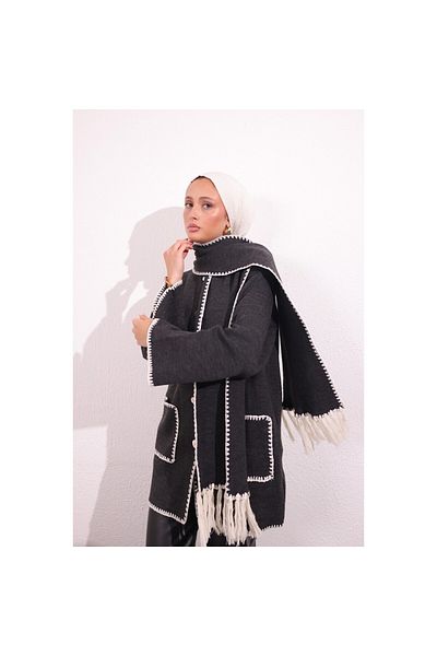 Bold Grup Women's Standard Embroidered Mussel Patterned Pocketed Cardigan Jacket Coat Tassel Scarf