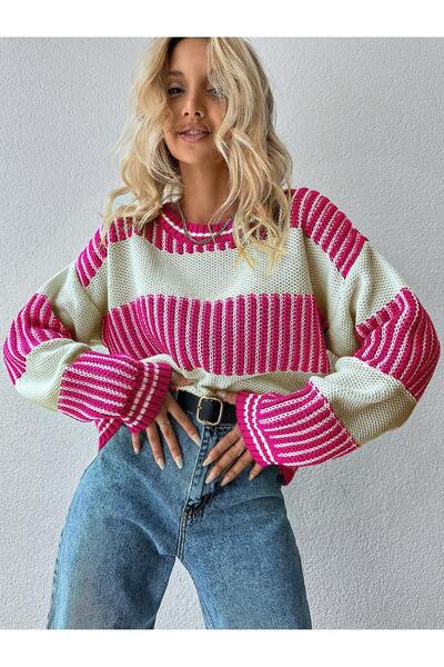 Koçer Triko سترة نسائية مخططة باللون الفوشيا - محبوكة من سالونيك