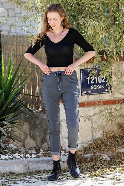 della moor Women's Anthracite Italian Lycra Trousers with Side Stripes