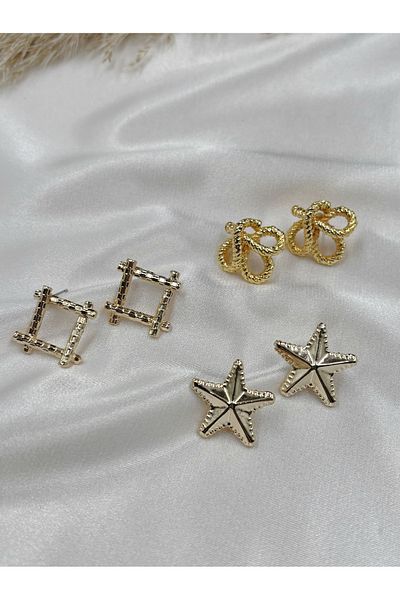 Eylülün Takısı Women's Gold Color 3 Pairs Star-Square-Knot Earrings Set