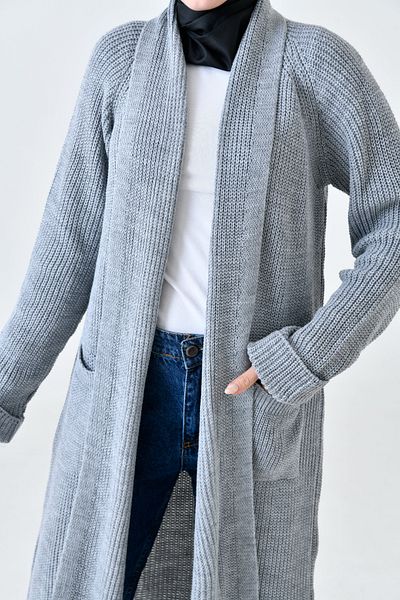 vuvutasarım Knitwear Women's Cardigan - Double Pocket, Shawl Collar, Long Gray Hijab Clothing 5001