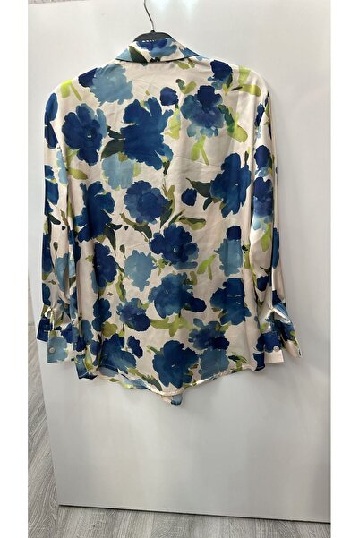 Mzr Collection MAVİ ÇİÇEKLİ BEYAZ SATEN GÖMLEK