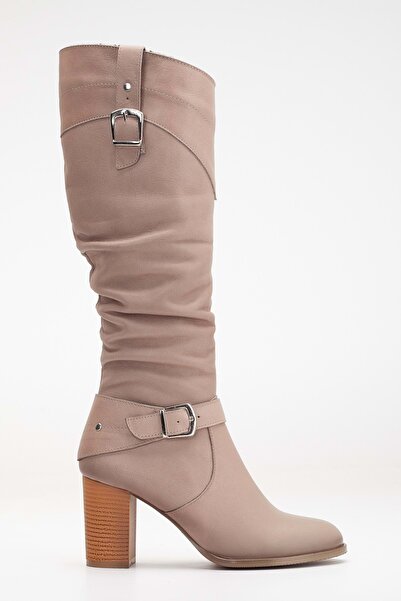 ANALİN SHOES Genuine Leather Women's Heeled Boots - Gusseted and Buckle Detailed, Stone Color