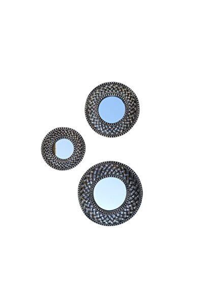 Peramari Dekoratif Polyester Yuvarlak Hasırlı Üçlü Ayna Takımı Gümüş Siyah Es...