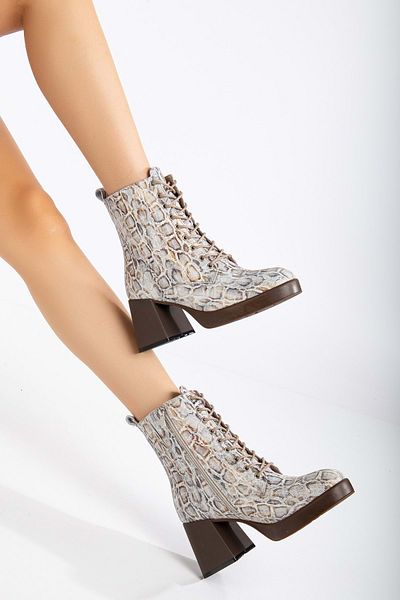 ANALİN SHOES Γνήσιες δερμάτινες μπότες με χοντρό τακούνι με σχέδιο λευκού φιδιού - κομψό κορδόνι