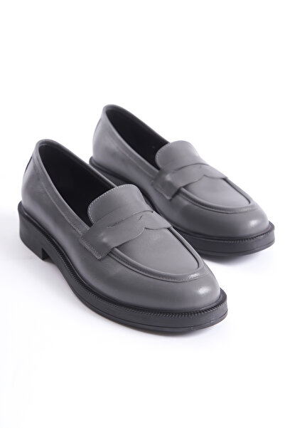 Deassa Hakiki Deri Gri Loafer Kadın Ayakkabısı