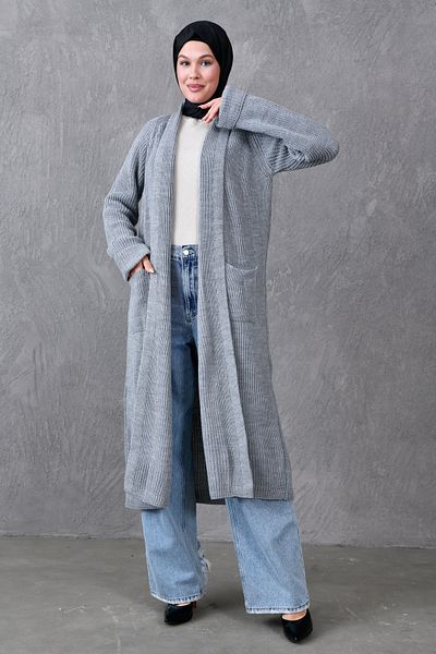 4S1B FASHION Gray Knitwear Fabric Double Pocket Shawl Collar Long Hijab Clothing Cardigan 5001