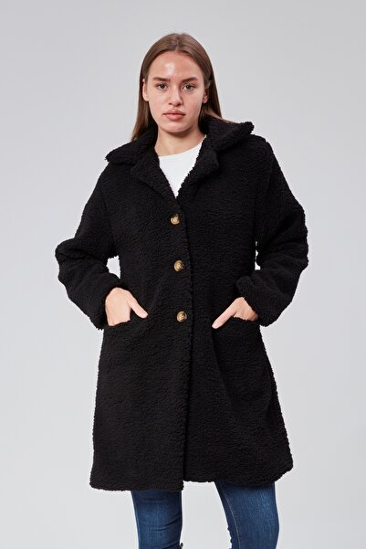 Transacoustic Palton negru de damă cu trei nasturi