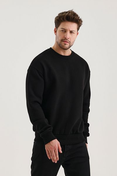 COMBİNE MİCHAİL Black Crew Neck Oversize Ribbed Basic Men's Sweatshirt