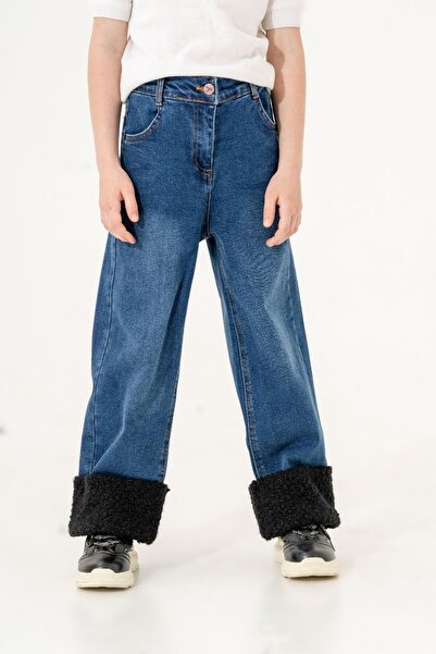 GİYİCEM Kız Çocuk Paçası Peluşlu Kot Pantolon