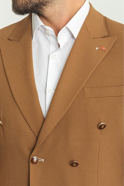 Mcr Striped Slim Fit Wide Collar Double Breasted Men's Jacket Camel - 40286.23Y