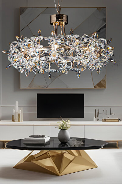 Apliqa Mercan 60'lık Yuvarlak Gold Kristal Taşlı Modern Oturma Odası, Salon Avize